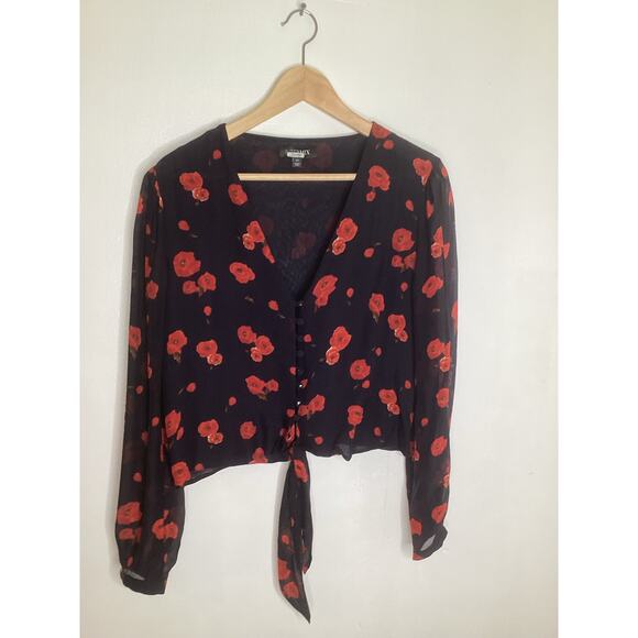 Intermix NWOT Black Silk Red Rose Print Tie Front Long Sleeve Blouse Top M - Picture 2 of 6